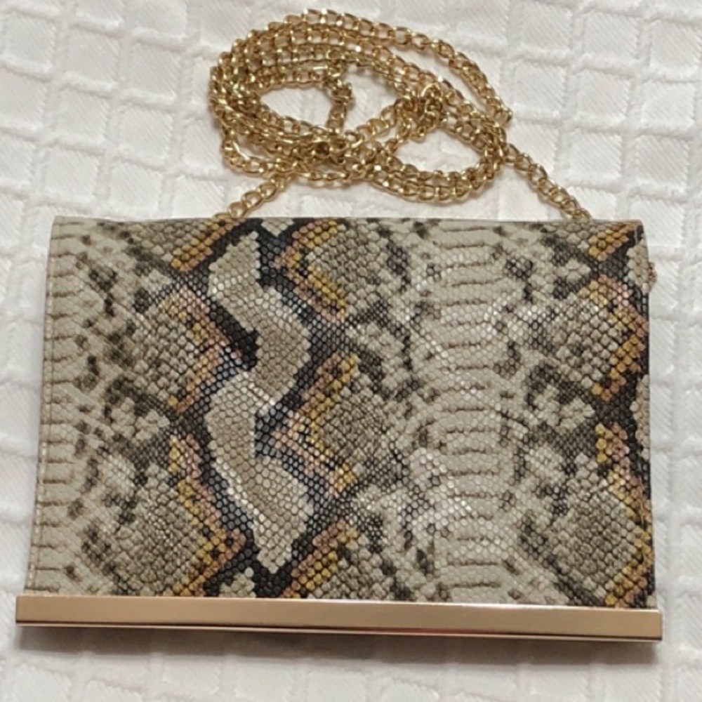 Snake Print Crossbody Chain Clutch Purse Gold Tone Hardware